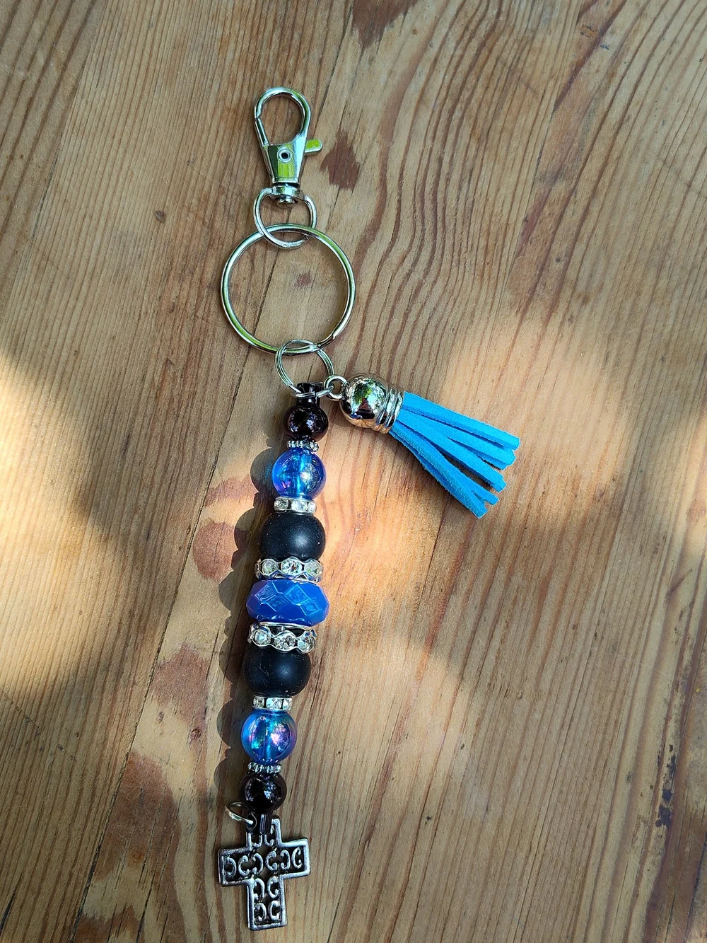 Blue Tassel Beaded Cross Keychain - Stylish Women's Accessory